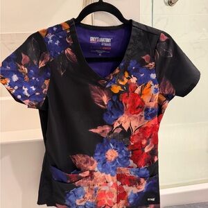 Grey's Anatomy Black Scrub Top with Multicolor Floral Print